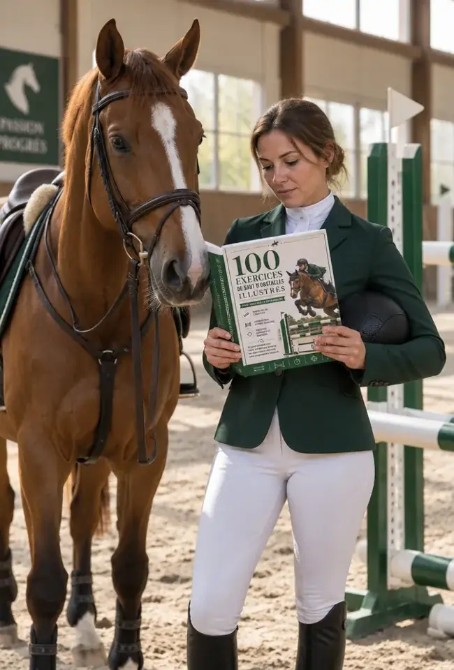 Cavalière française consultant le guide 100 Exercices de Saut d’Obstacles Illustrés à côté de son cheval, près d’un obstacle dans un manège