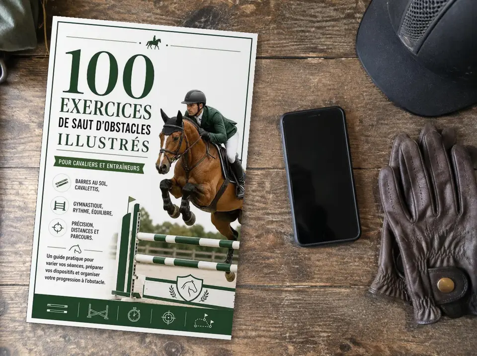 Le guide 100 Exercices de Saut d’Obstacles Illustrés imprimé en A4 sur une table en bois près d’un téléphone