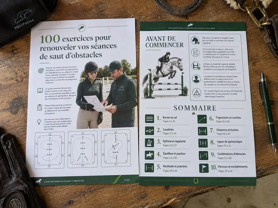 Pages du guide imprimées en A4 sur une table de sellerie