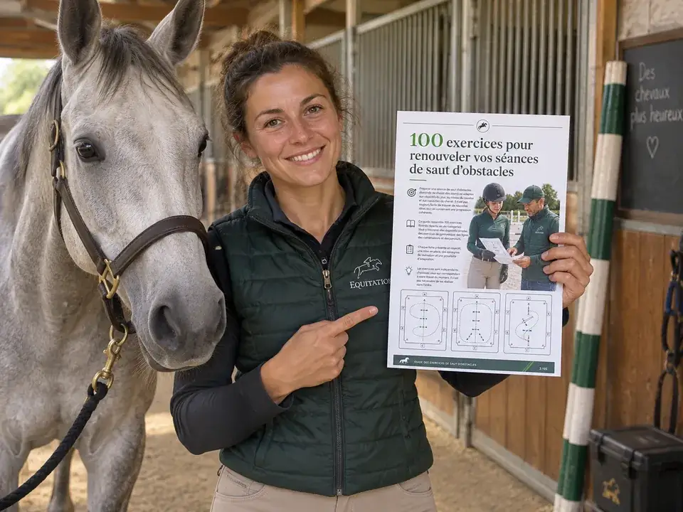 Une monitrice présente le guide imprimé à côté de son cheval gris