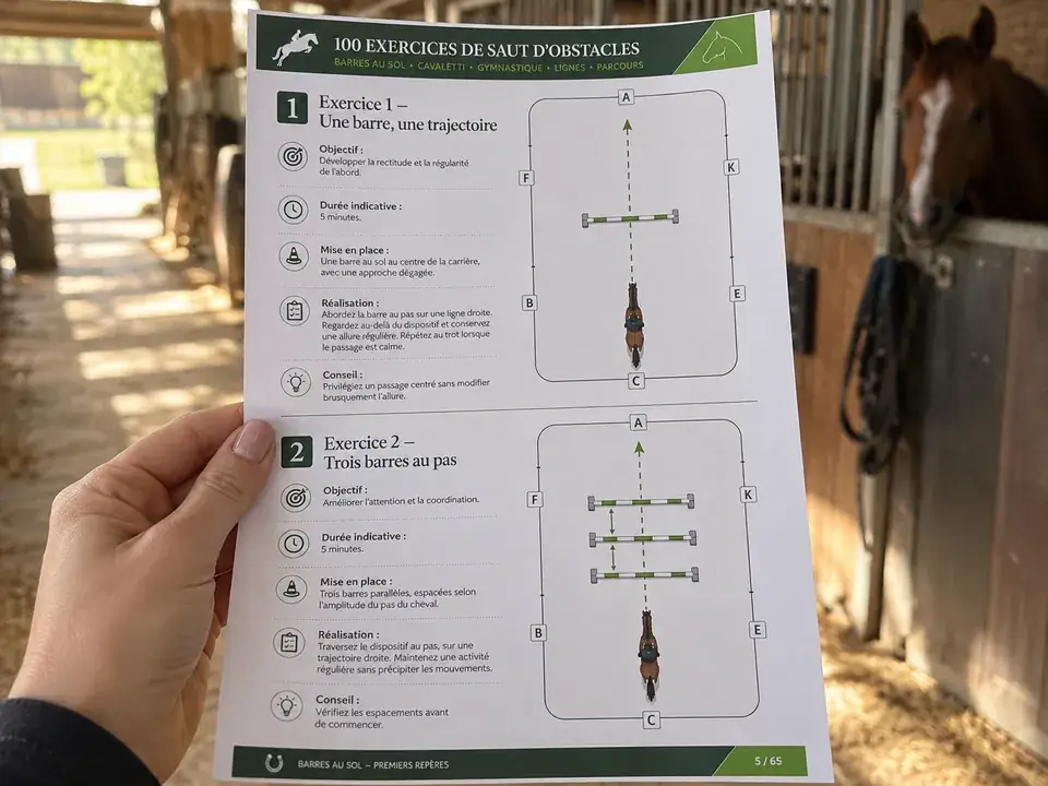 Une main tient la fiche des exercices 1 et 2 imprimée en A4 dans l'écurie