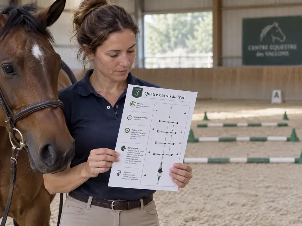 Une cavalière française consulte l'exercice 3 à côté de son cheval dans le manège